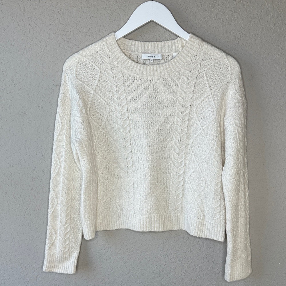 Vince Merino Wool Blend Cream Long Sleeve Crew Neck Cable Knit Sweater Size‎ M